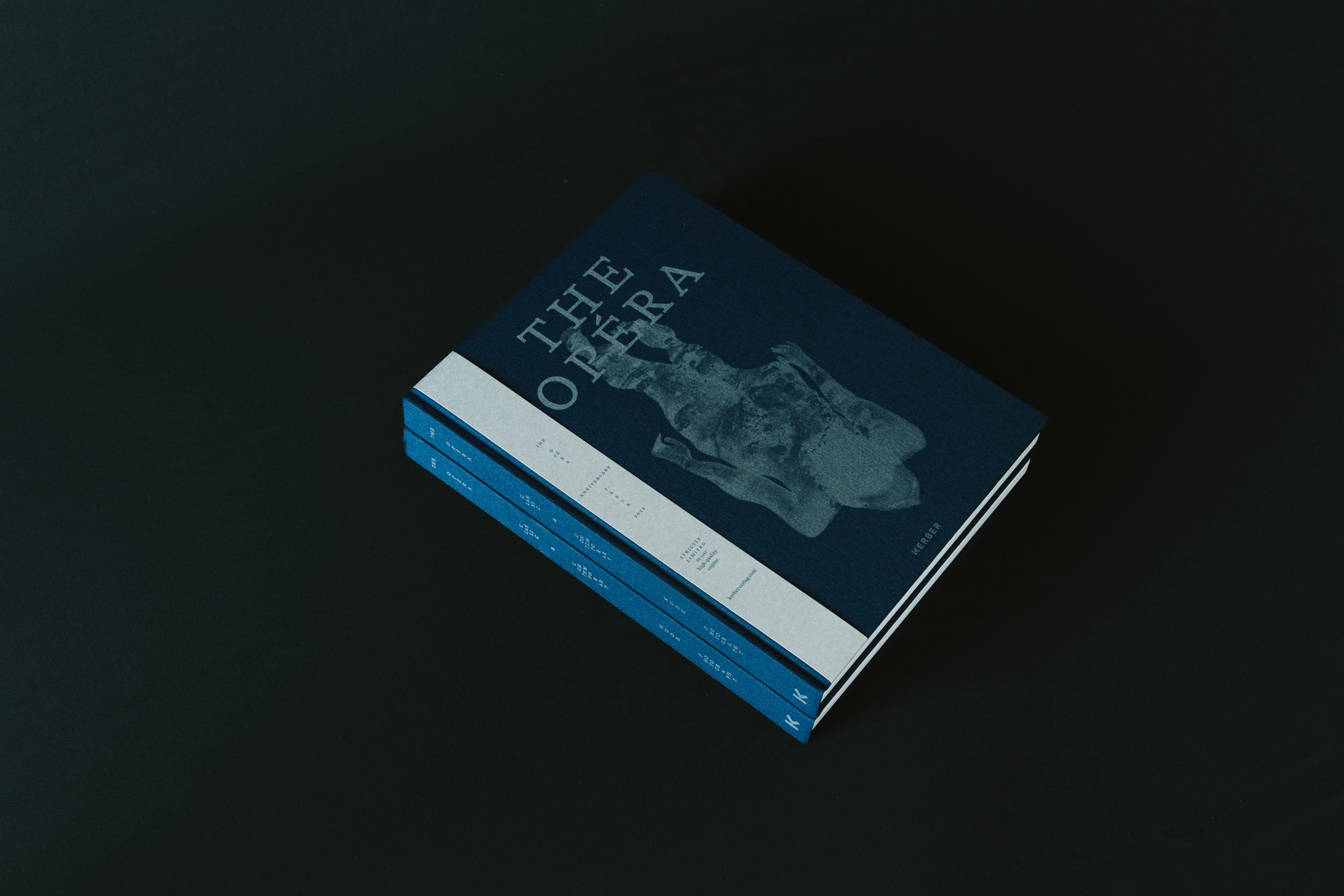 The front cover contains silver printing on blue linen containing the work of Bastiaan Woudt