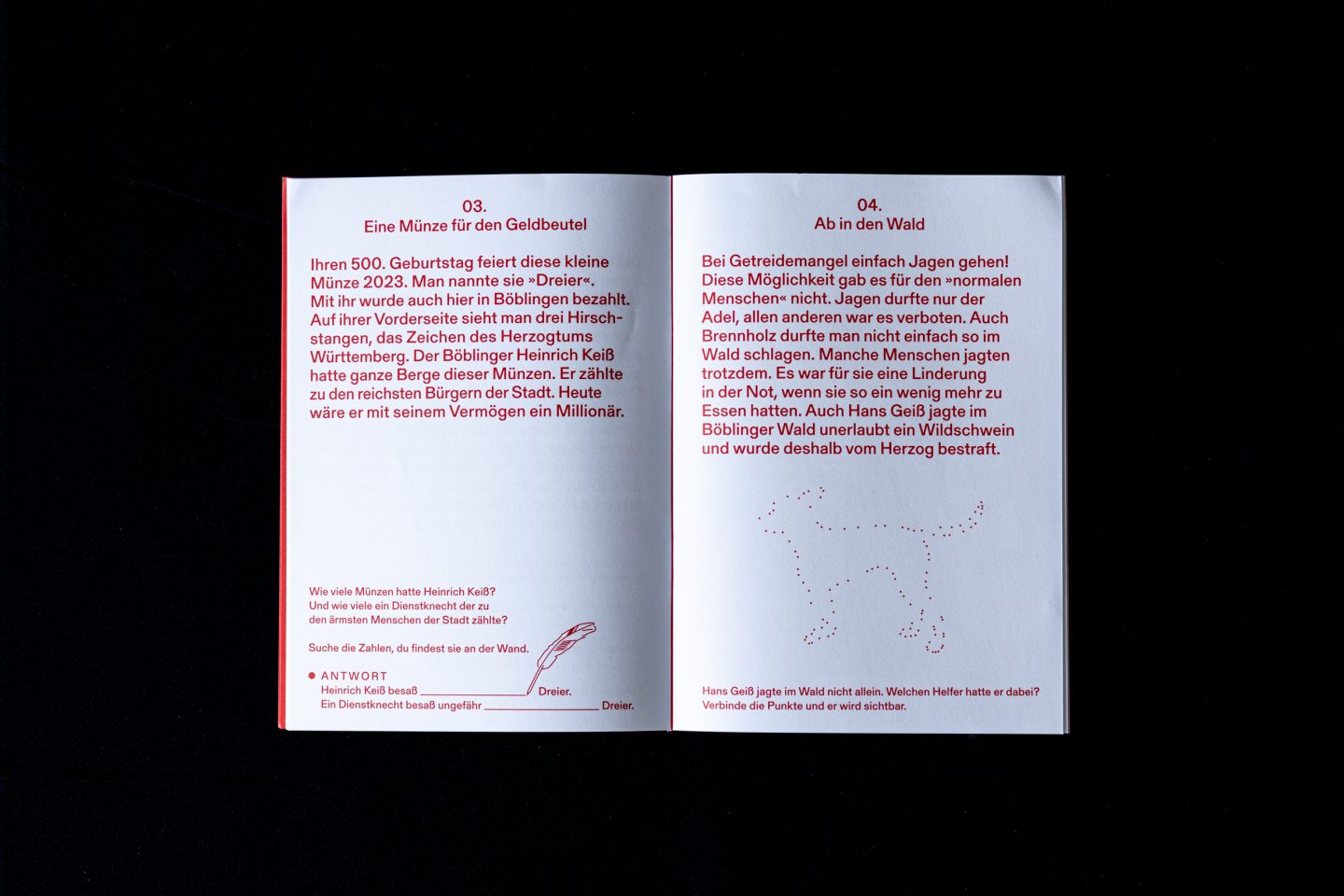 Children’s activity brochure spread with texts, questions and dot-to-dot illustration.