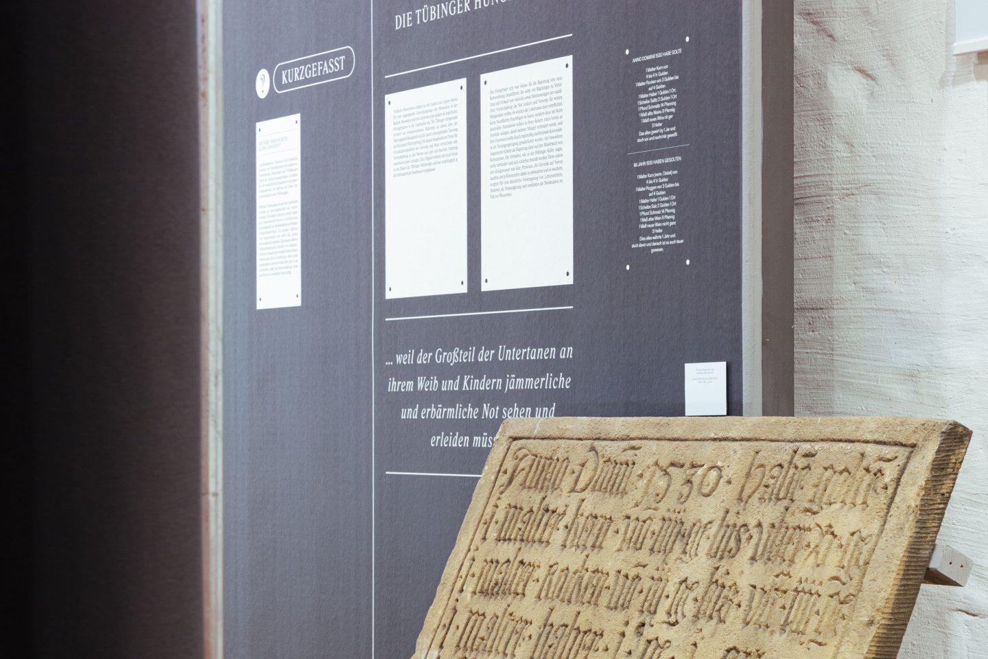 Historical object in front of exhibition design wall at the Deutsches Bauernkriegsmuseum.