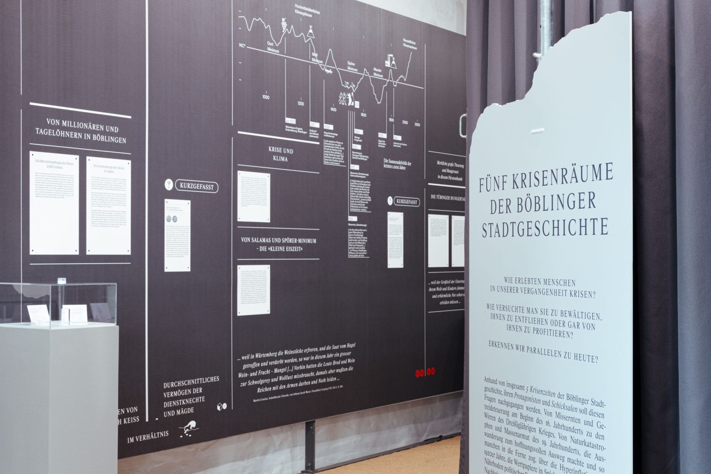 Museum exhibition design panel with timeline and introduction to five crisis periods in Böblingen.
