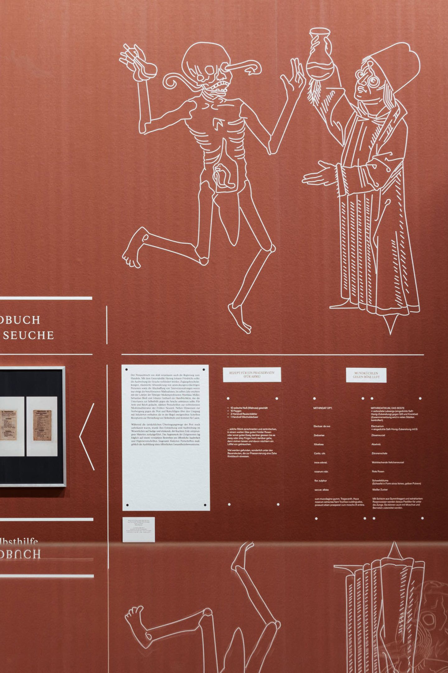Red exhibition panel with skeleton illustration and historical remedies during plague and disease.