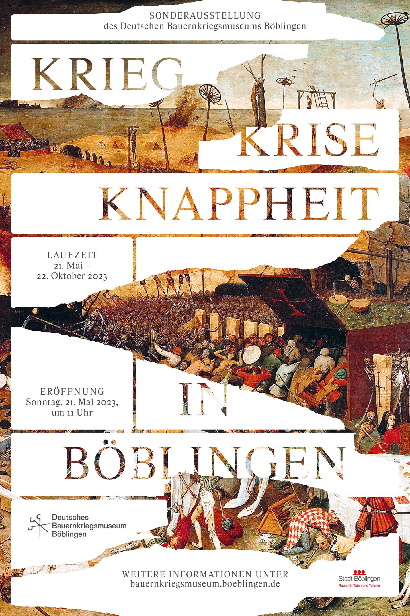 Poster for War. Crisis. Scarcity. In Böblingen with torn-paper typography over historical imagery.