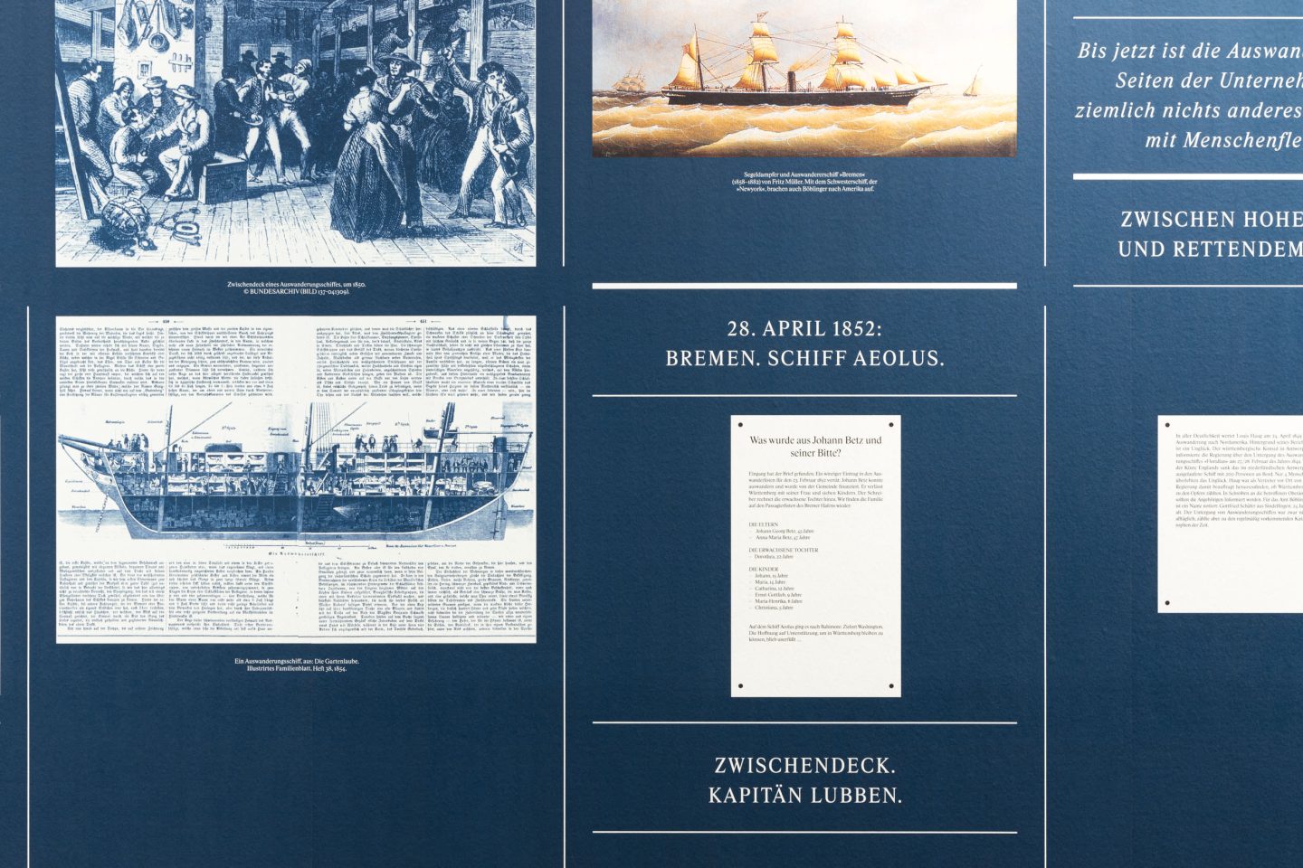 Exhibition panel on emigration history with archival images and text layout.