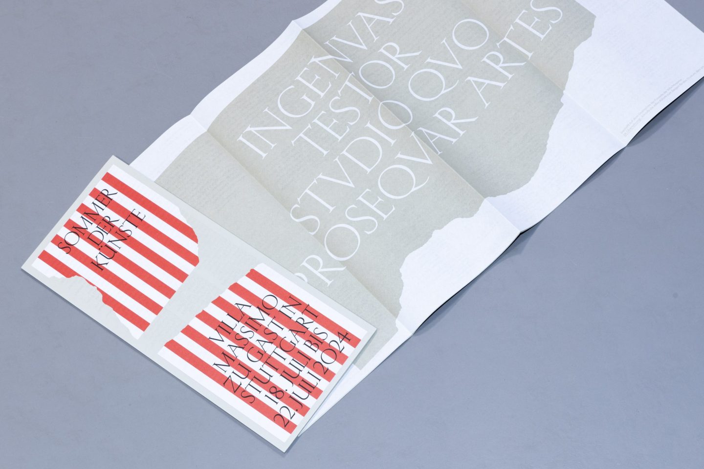 Sommer der Künste leaflet and poster next to a folded programme with torn-paper graphic motif.