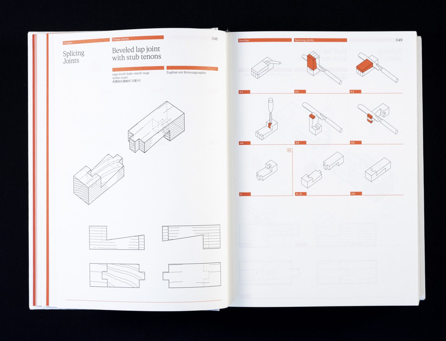 Closeup of a spread about wood joints.
