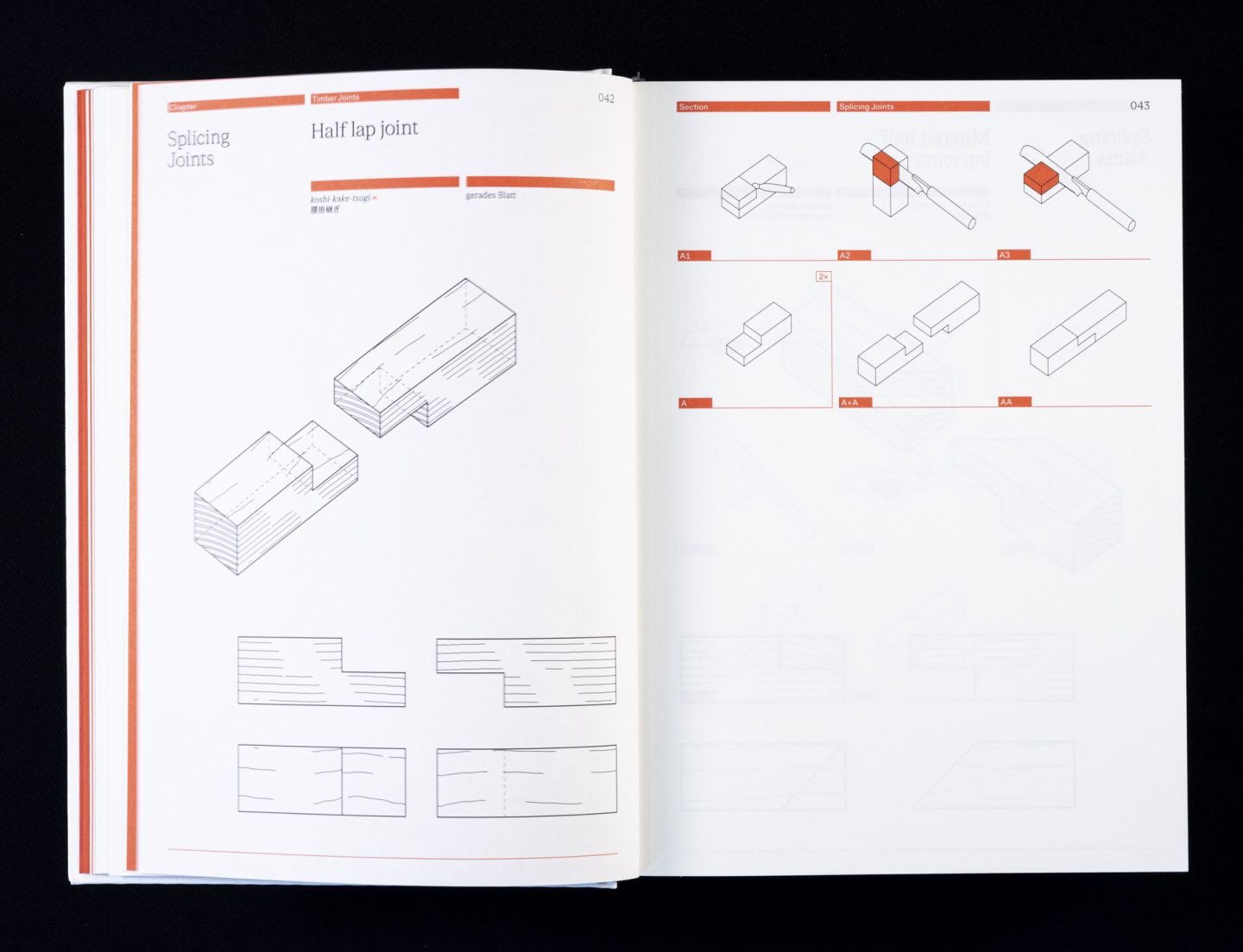 Closeup of a spread about wood joints.