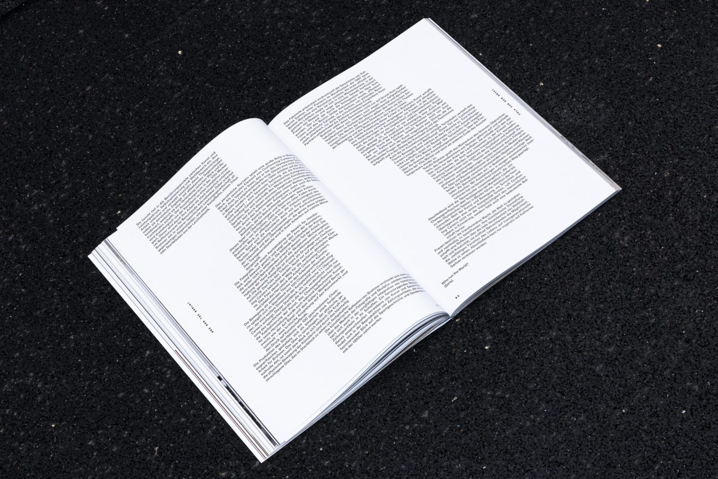 Catalogue design for the ABK Stuttgart Meisterschüler exhibition at Villa Merkel Esslingen, featuring a spread on Nathalie Brehmer with a reduced typographic layout and a poem-like text composition.
