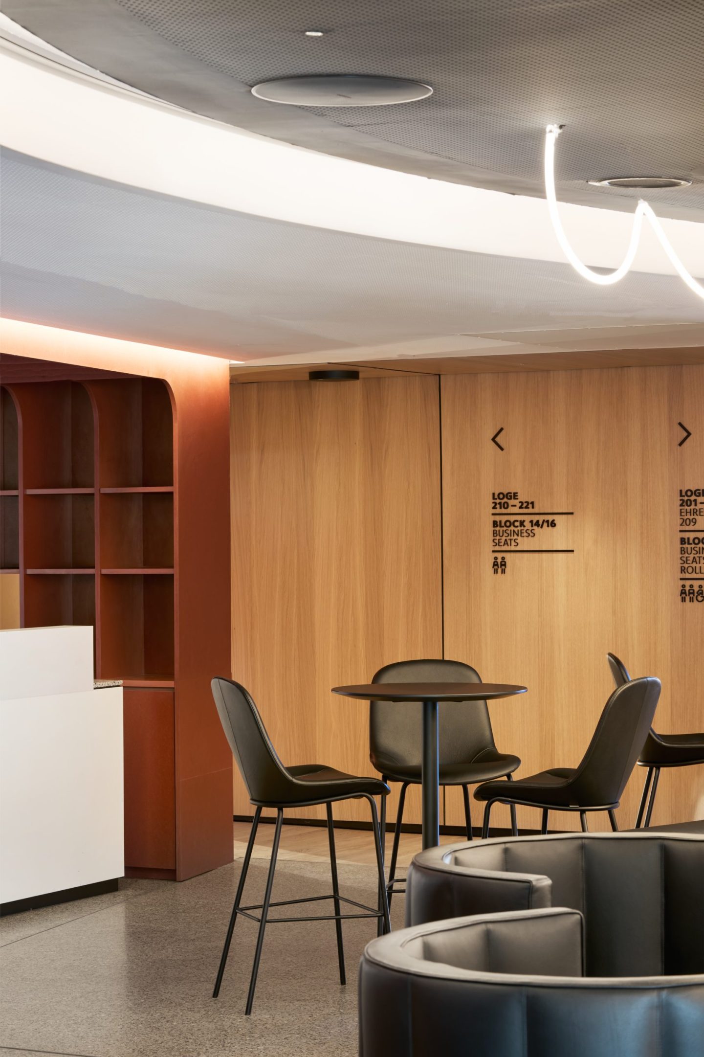 Lounge and seating area with wayfinding for MHP Arena, Stuttgart