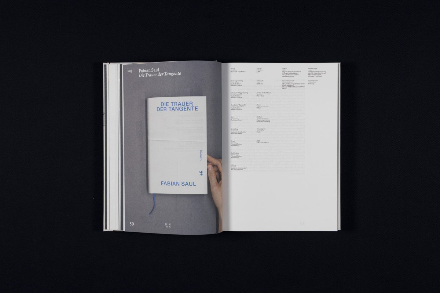Catalogue spread for Die Schönsten Deutschen Bücher 2025, featuring the award-winning book Die Trauer der Tangente by Fabian Saul with a minimal white cover and blue typography in a documentary editorial layout.
