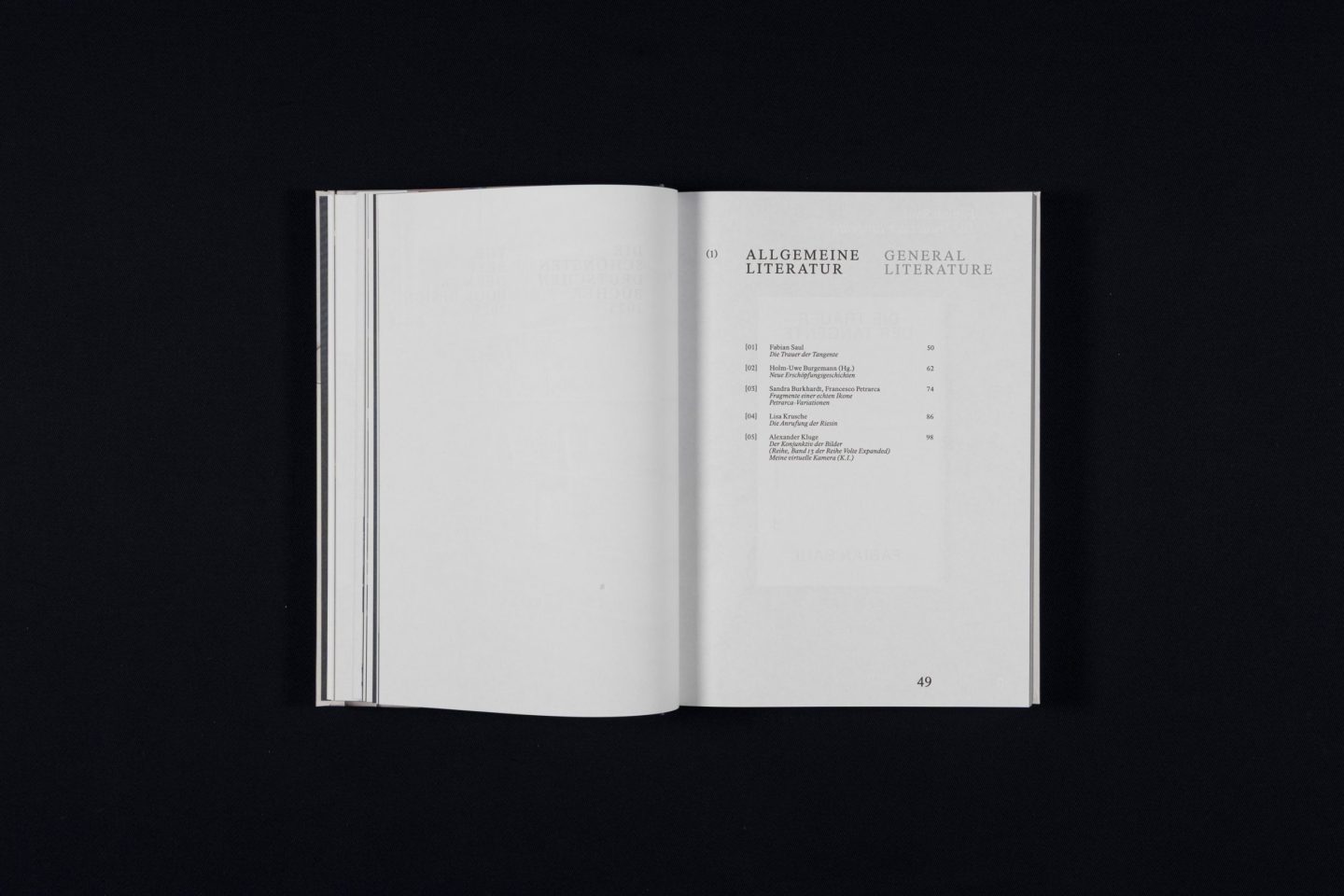 Catalogue spread for Die Schönsten Deutschen Bücher 2025, featuring the bilingual section opener “Allgemeine Literatur / General Literature” in a minimal editorial layout with refined typography.
