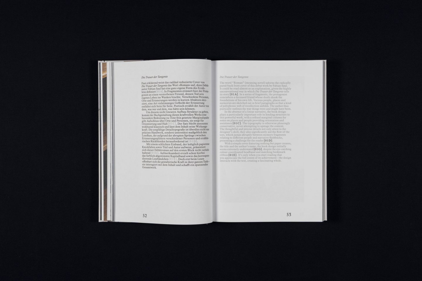 Catalogue spread for Die Schönsten Deutschen Bücher 2025, featuring the jury statement for Die Trauer der Tangente in a bilingual editorial layout with blue typography and documentary book photography.