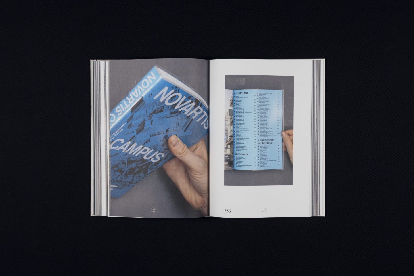 Catalogue spread for Die Schönsten Deutschen Bücher 2025, featuring the award-winning Novartis Campus Guide by Lucas Manser and Pascal Storz with bold blue cover typography and a clean editorial presentation.