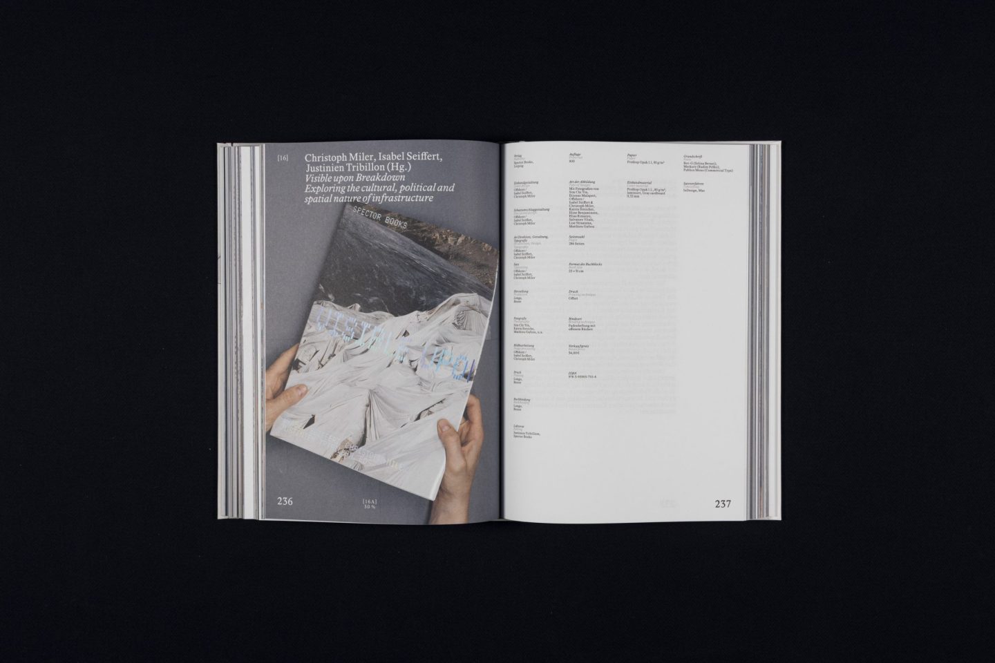 Catalogue spread for Die Schönsten Deutschen Bücher 2025, featuring the award-winning book Visible upon Breakdown with documentary book photography, foil-stamped cover details and a restrained editorial layout.