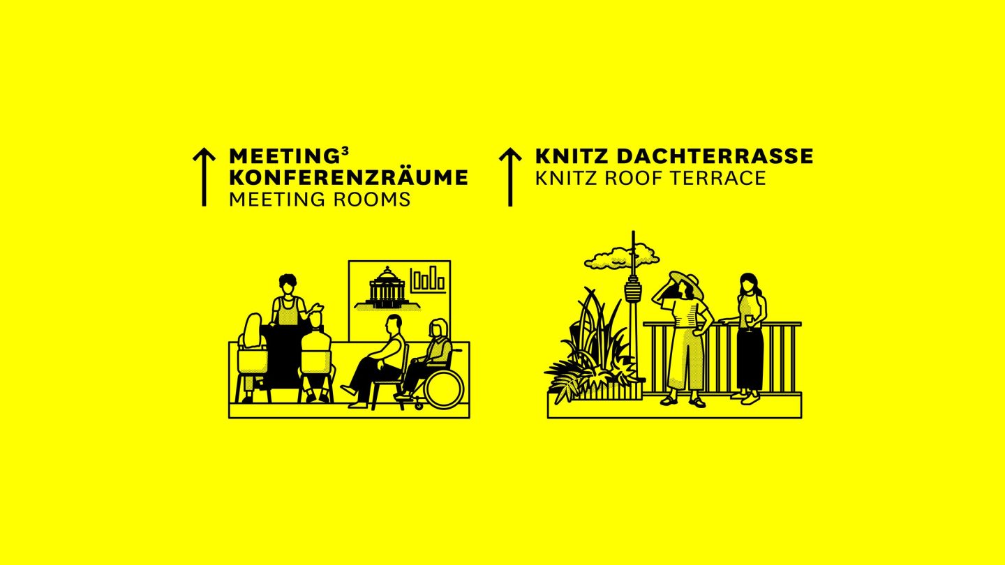 Illustrated wayfinding graphic for Haus des Tourismus Stuttgart, featuring bilingual directions to meeting rooms and the Knitz roof terrace with inclusive visitor pictograms on a bright yellow background.