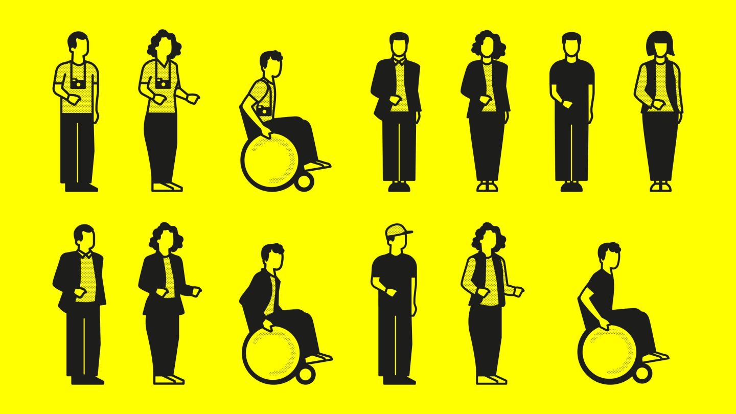 Pictogram variants for Haus des Tourismus Stuttgart, featuring diverse visitor icons in black on a bright yellow background as part of the wayfinding system.