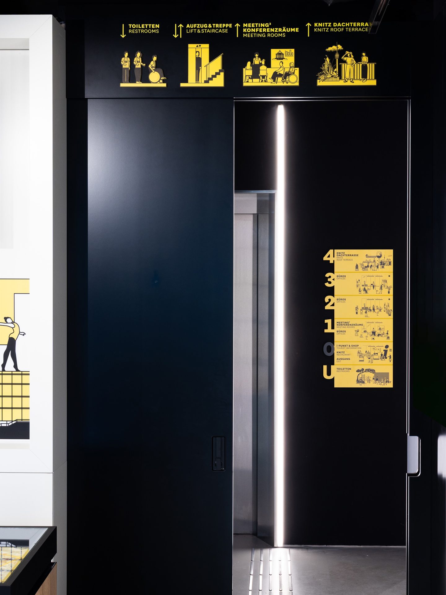 Interior wayfinding for Haus des Tourismus Stuttgart, featuring custom visitor pictograms integrated into the tourism information shop and orientation system.