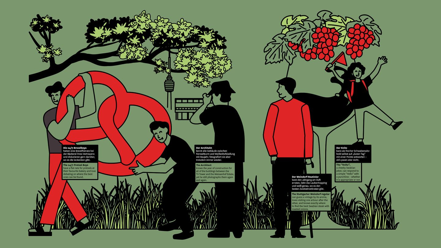 Wall graphic for Haus des Tourismus Stuttgart, featuring local visitor characters, regional motifs and bilingual text panels as part of the interior orientation and storytelling system.