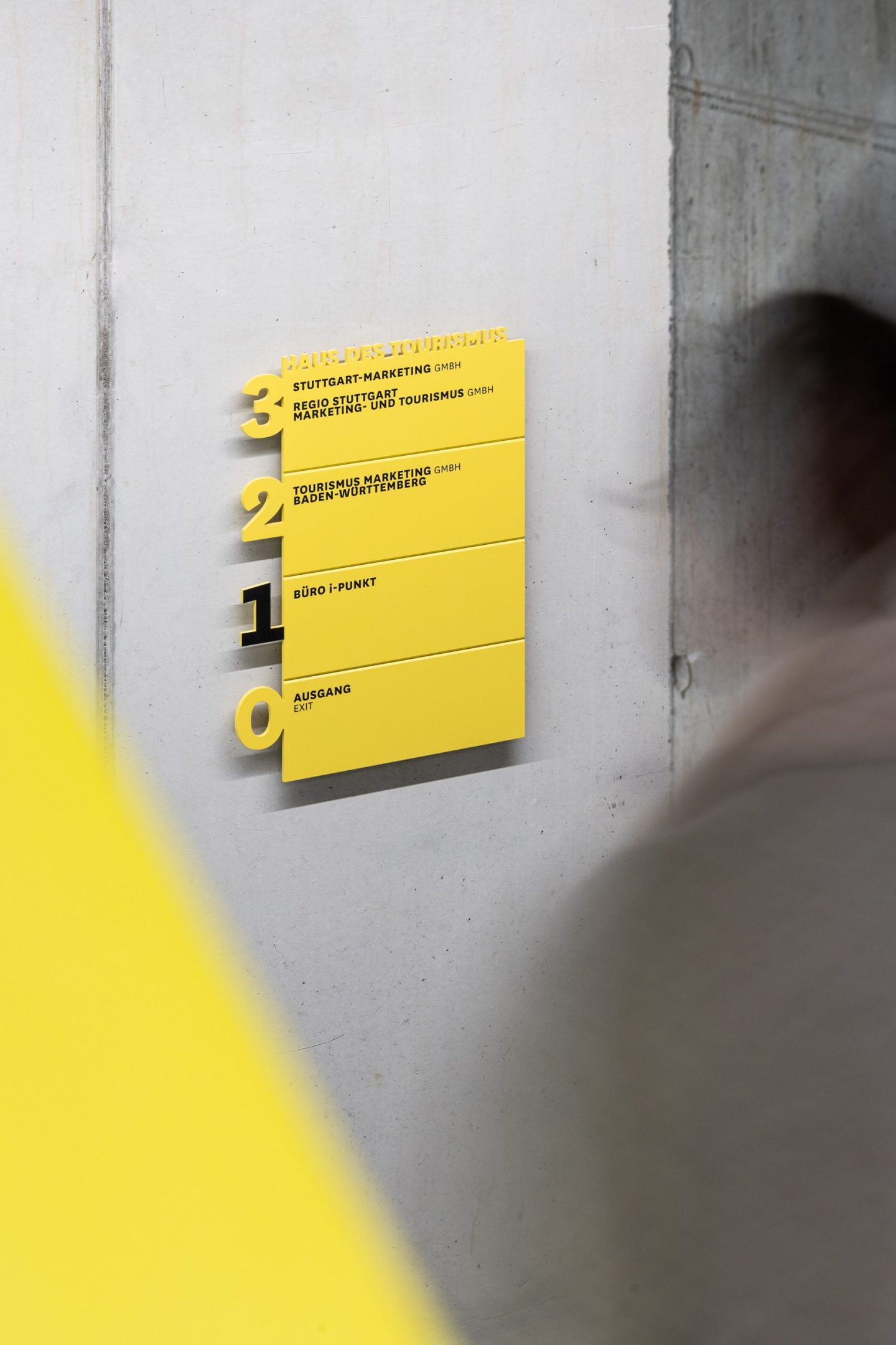 Stairwell wayfinding sign for Haus des Tourismus Stuttgart, featuring bold yellow floor directories with bilingual destination names and large level numbers as part of the interior orientation system.