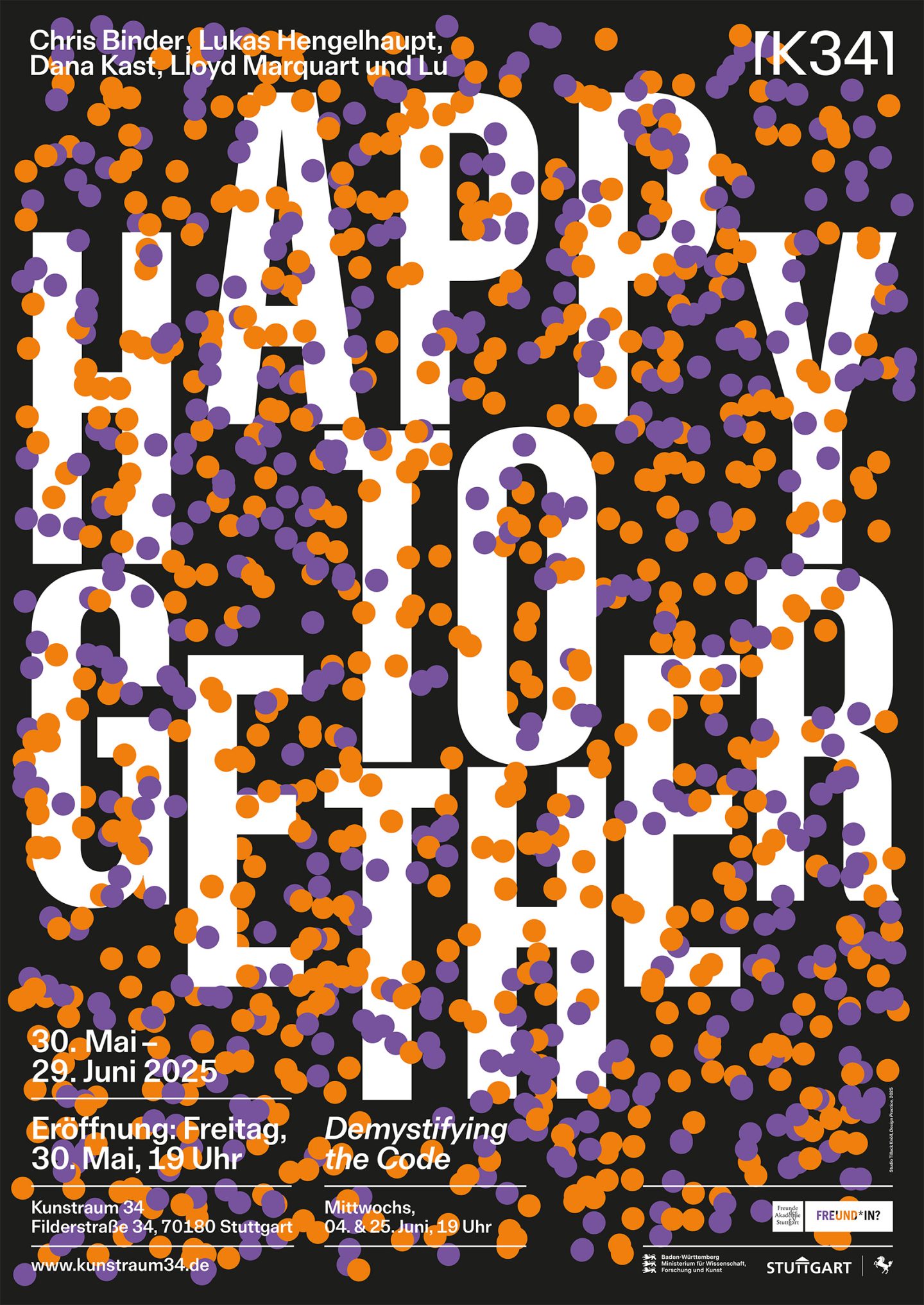 Poster for “Happy Together,” with large white lettering covered by orange and purple dot patterns on black