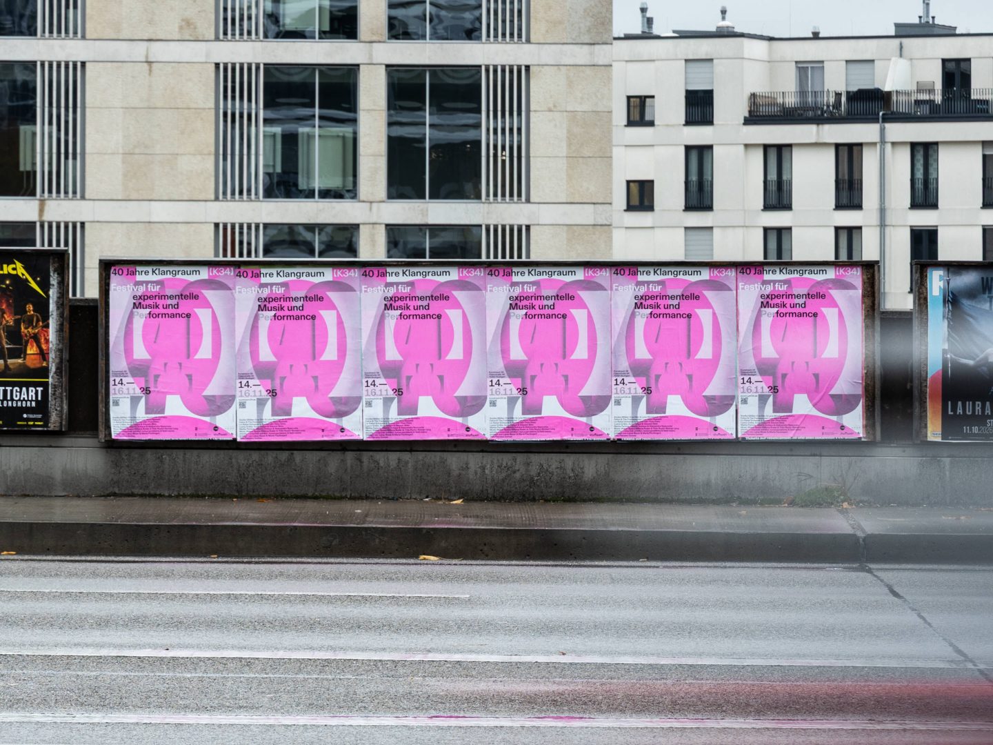 Series of pink Klangraum posters installed on a street poster wall in Stuttgart