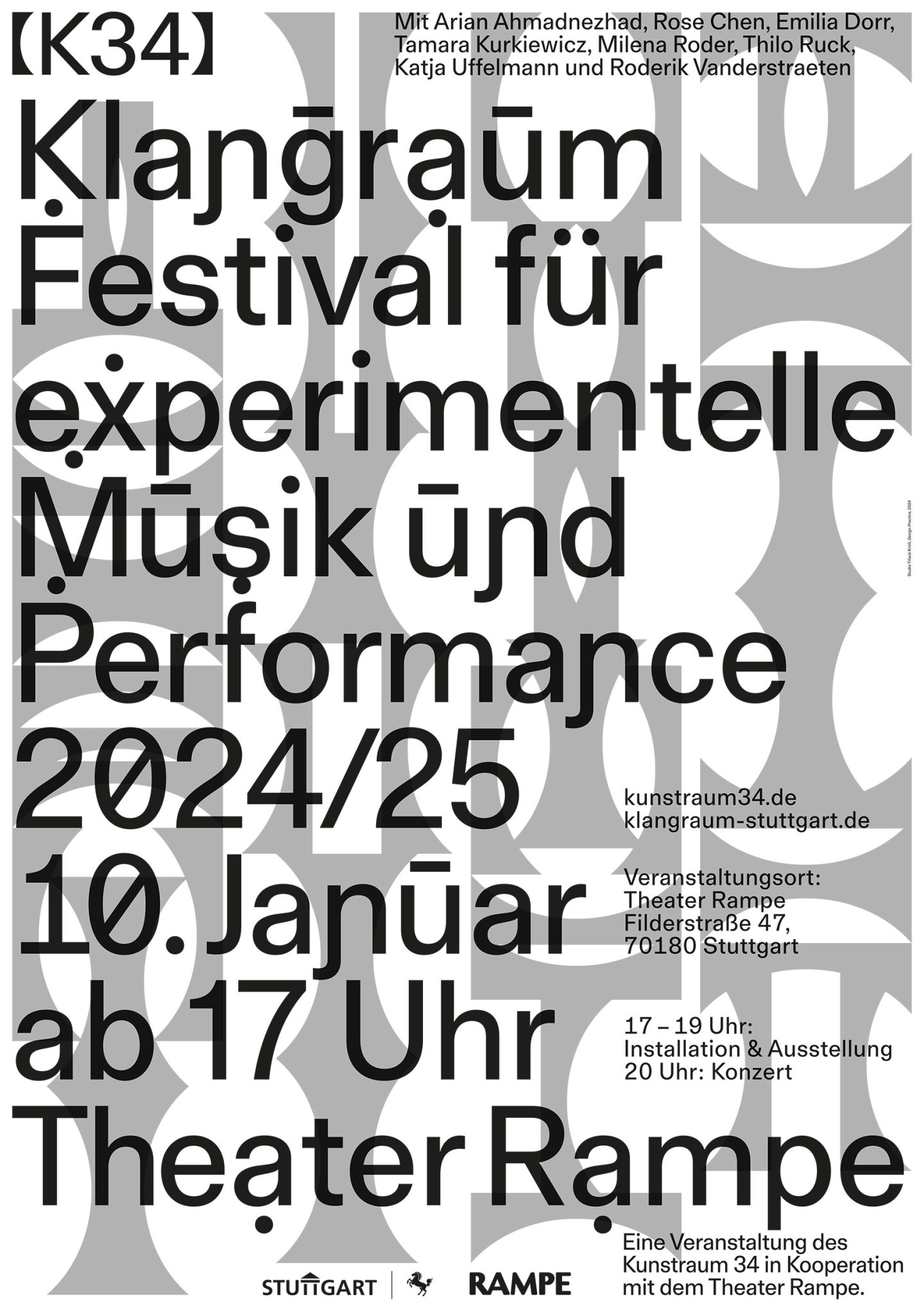 Poster for Klangraum, Kunstraum 34’s festival for experimental music and performance, with black typography over a pale grey patterned background