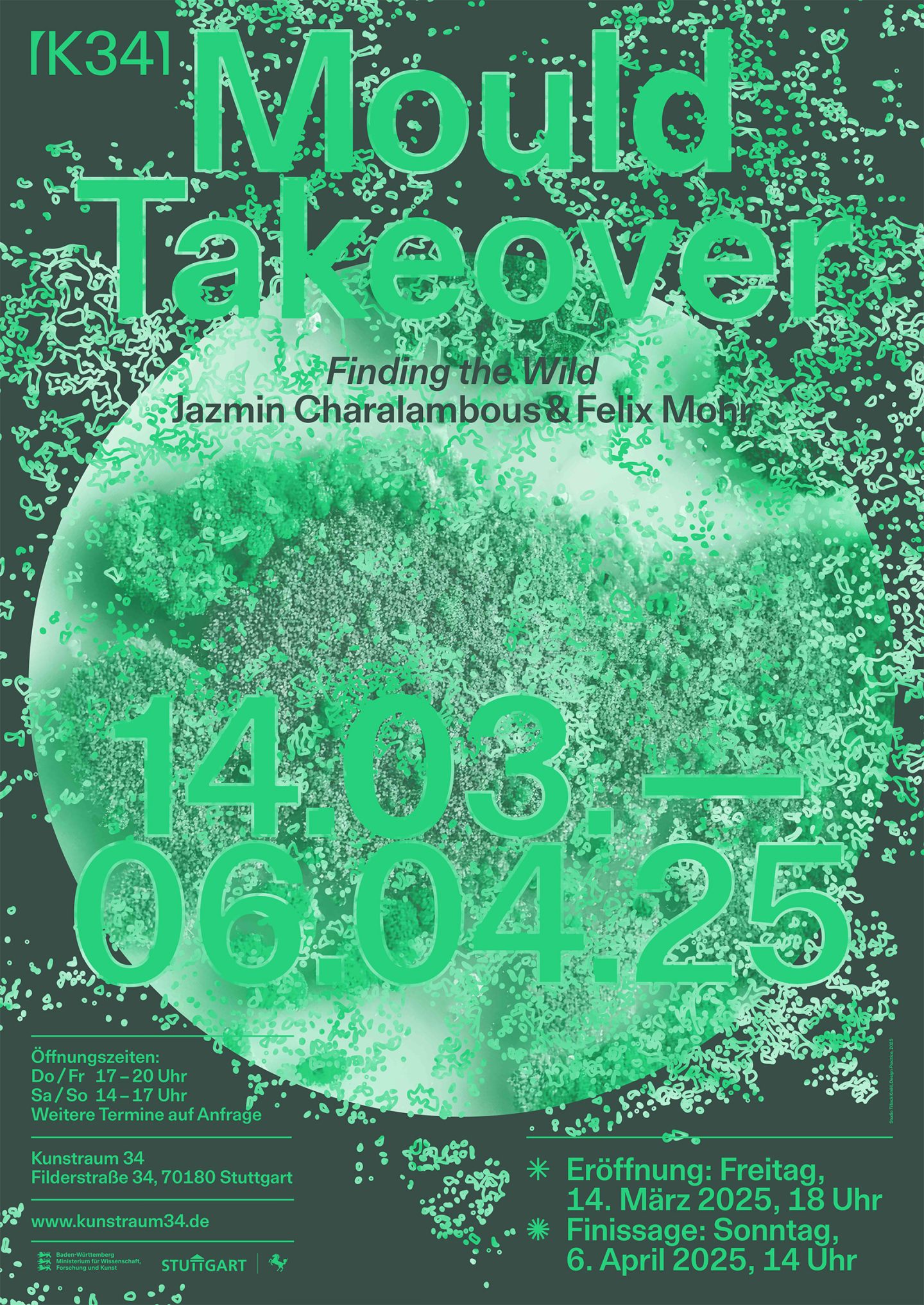 Poster for “Mould Takeover,” combining large green type with a grainy circular image on a dark green background