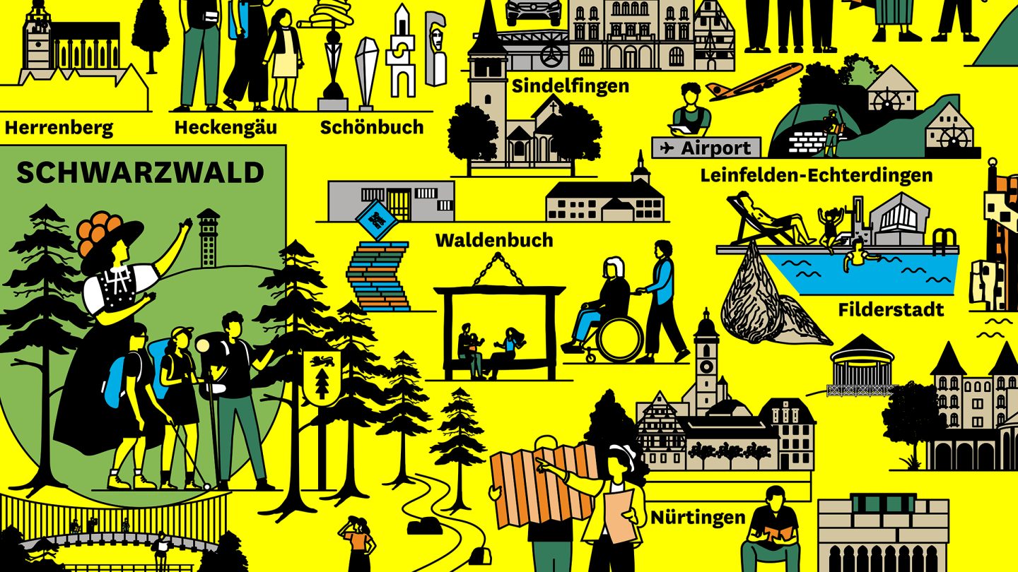 Illustrated activity map for Haus des Tourismus Stuttgart, featuring destinations and leisure highlights across Baden-Württemberg as part of the visitor orientation system.
