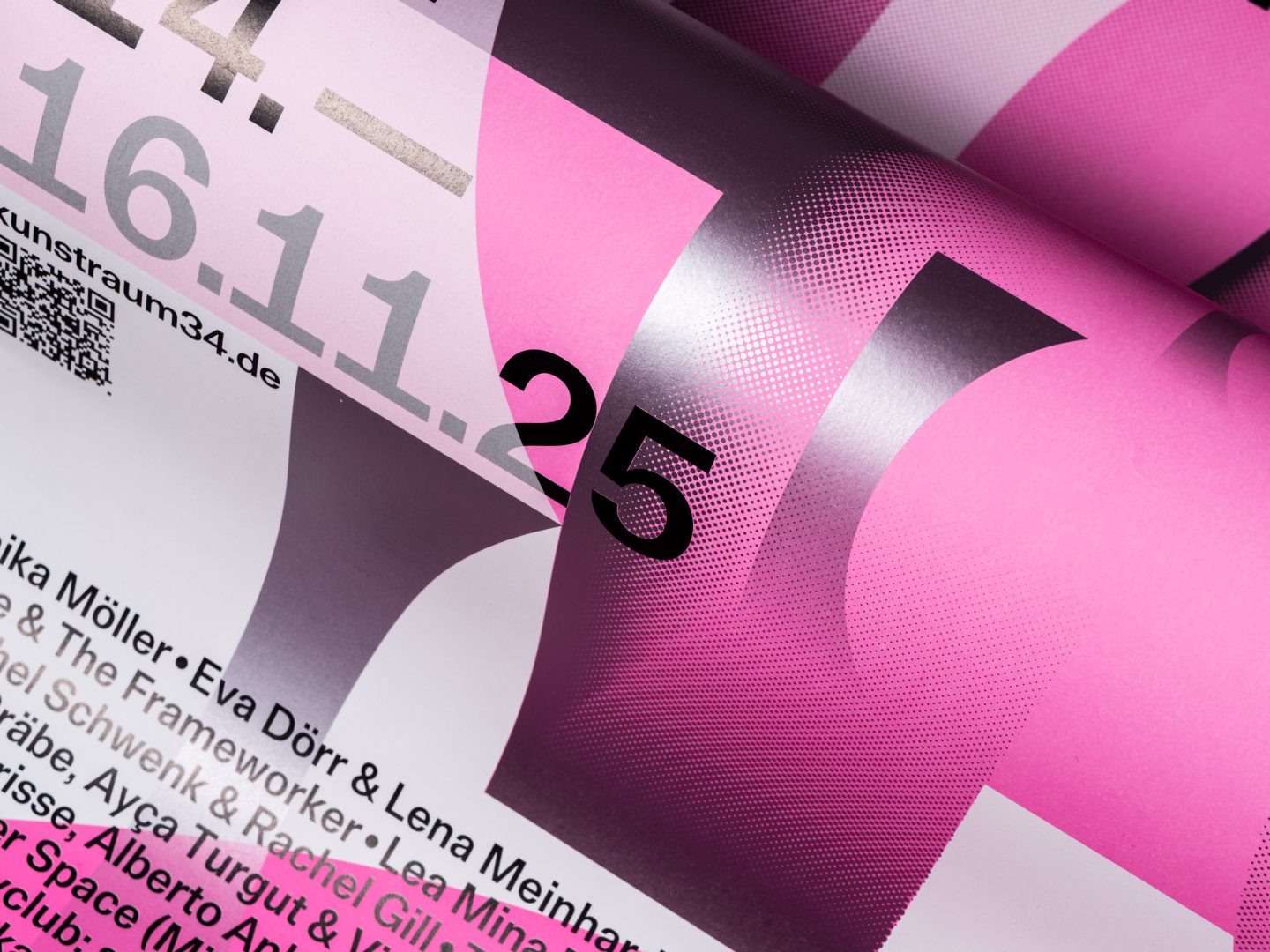 Close-up of a printed Klangraum poster showing pink gradients, halftone texture, and black typographic details