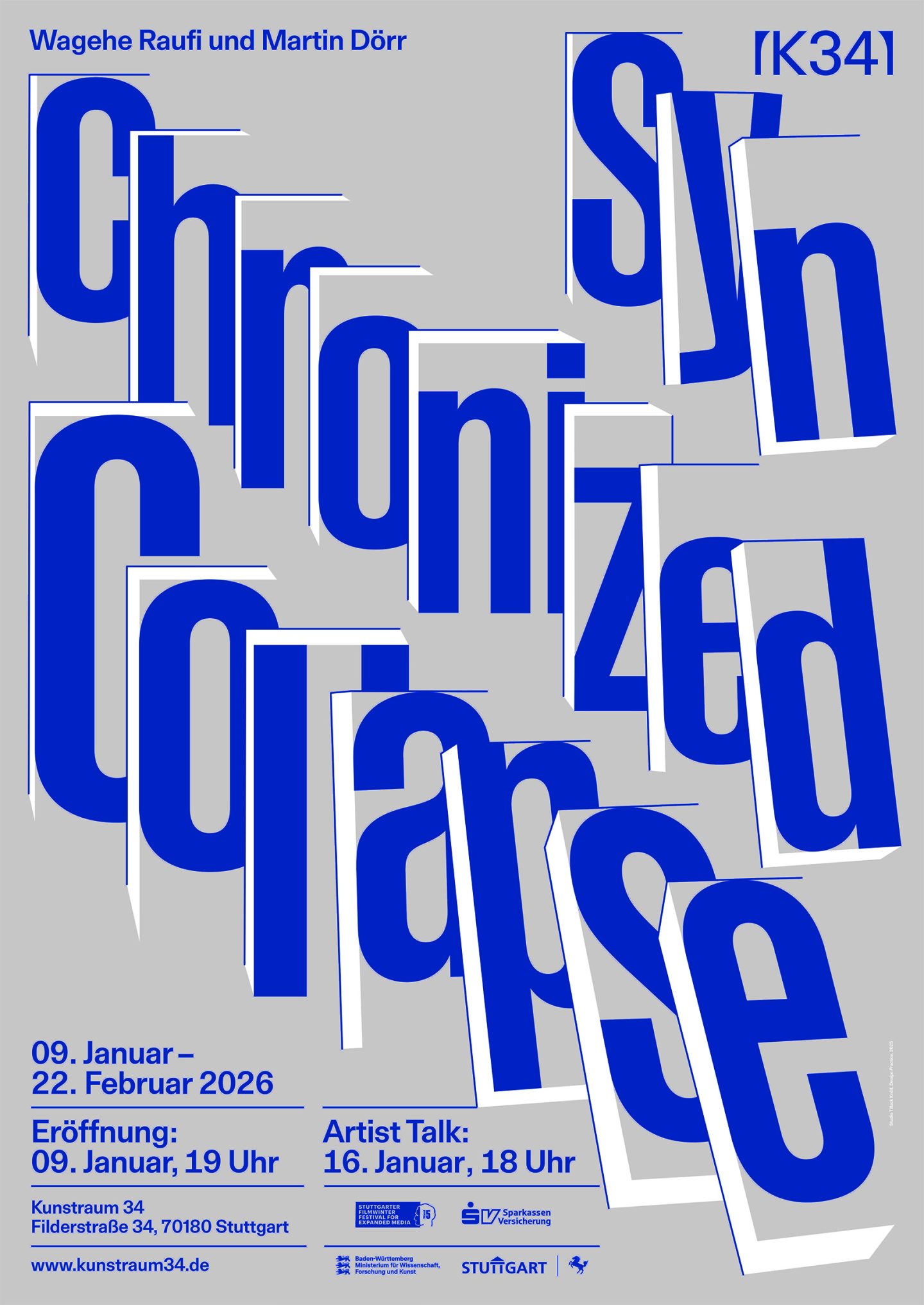 Poster for “Synchronized Collapse” by Wagehe Raufi and Martin Dörr, with blue layered typography on a grey background