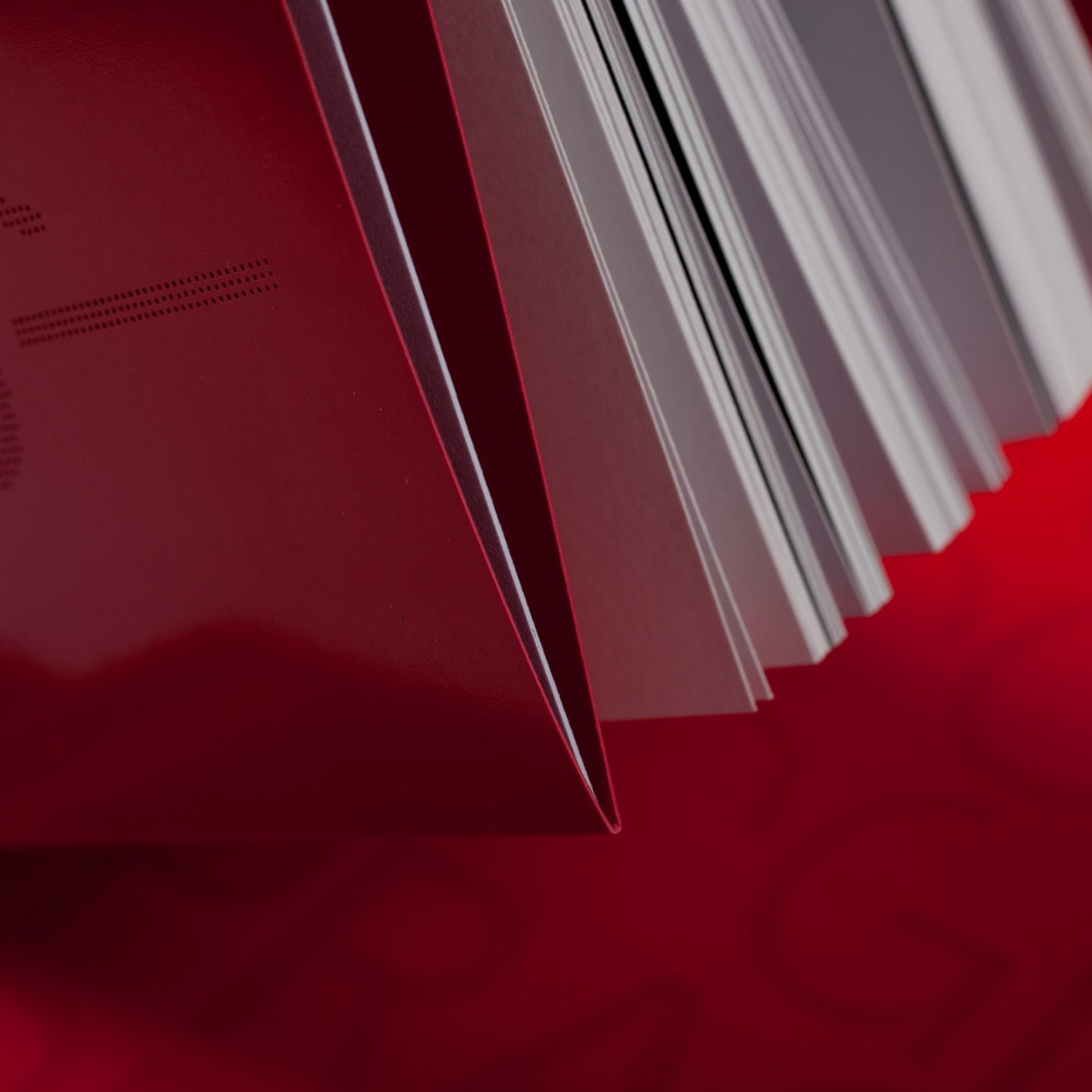 Publication design for the ABK Stuttgart Meisterschüler exhibition at Weissenhof, featuring a red cover detail with exposed binding and a reduced editorial finish.
