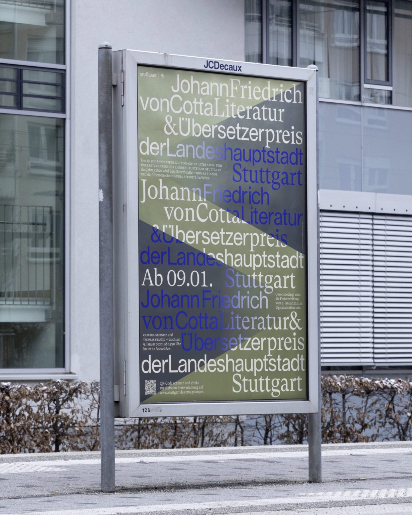 Poster design for the Johann Friedrich Cotta Literature and Translation Prize of the City of Stuttgart, featuring a bold typographic composition.