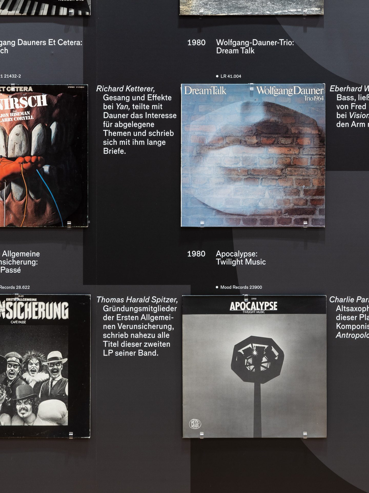 Exhibition view close up. Original vinyl by Wolfgang Dauner hanging in the exhibition