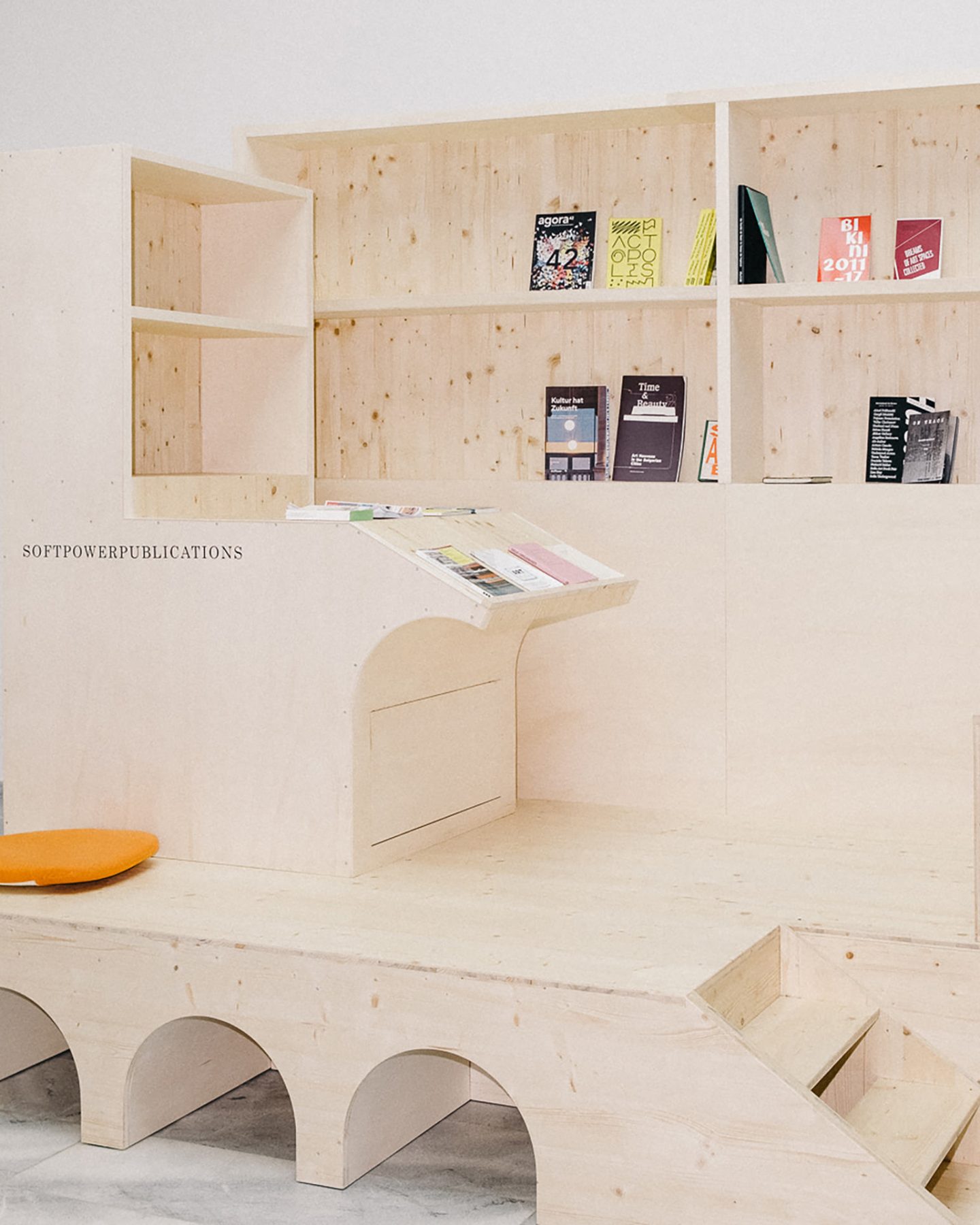 Exhibition identity for Soft Power Palace, featuring bold typographic signage and a spatial graphic system.