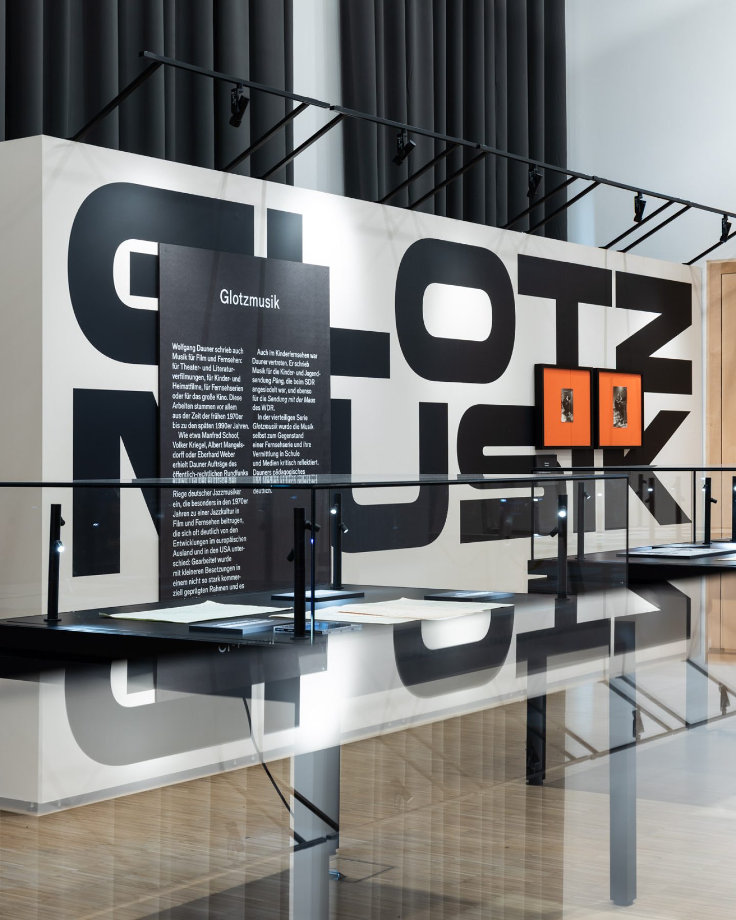Exhibition view of Wolfgang Dauner. Jazz et cetera at Württembergische Landesbibliothek Stuttgart, featuring typographic displays, archival material and scenographic interventions.